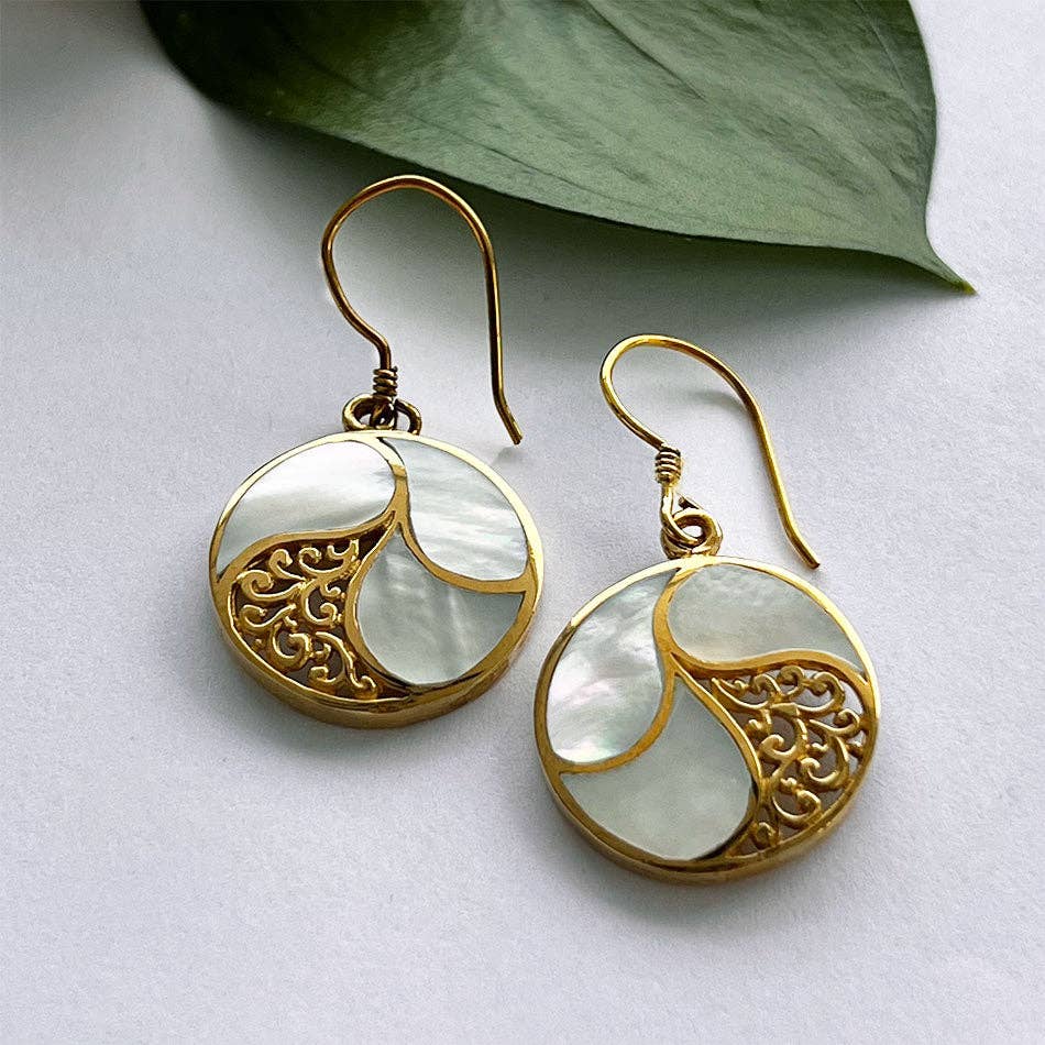 Mother of Pearl Filigree Earrings - Brass, Indonesia