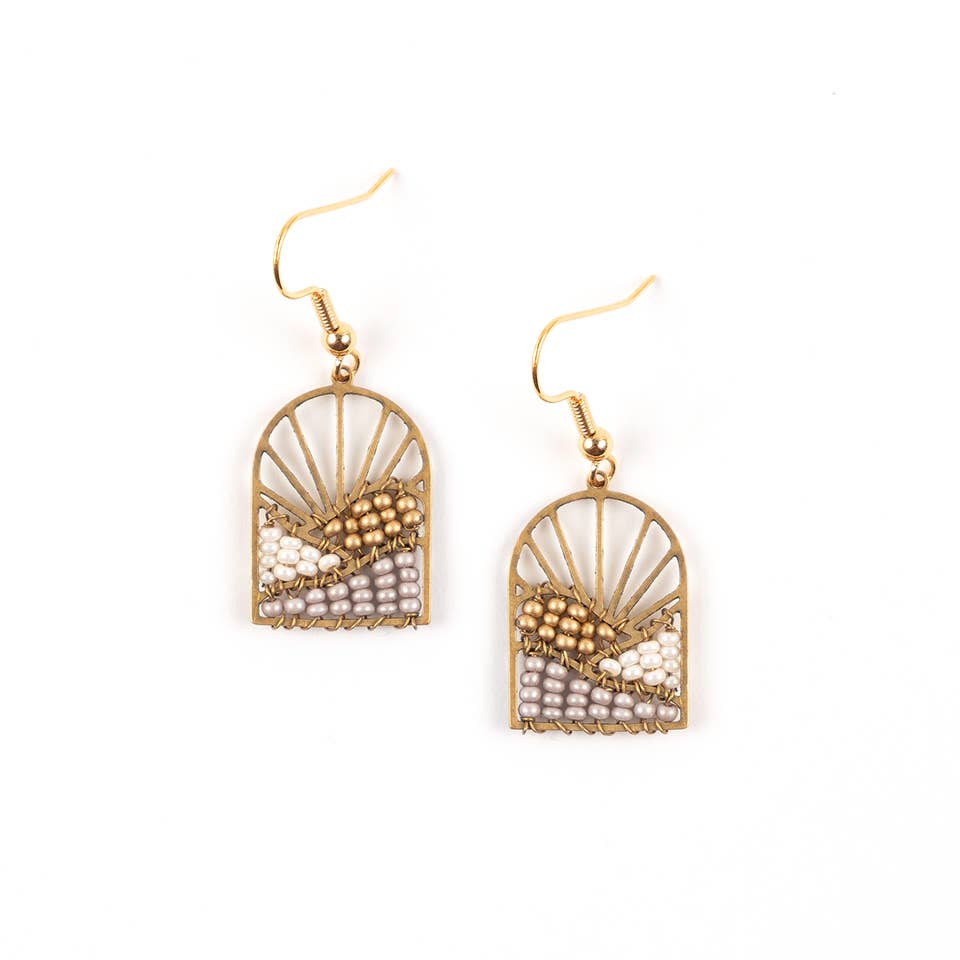 Sunrise Brass and Bead Earrings: Taupe