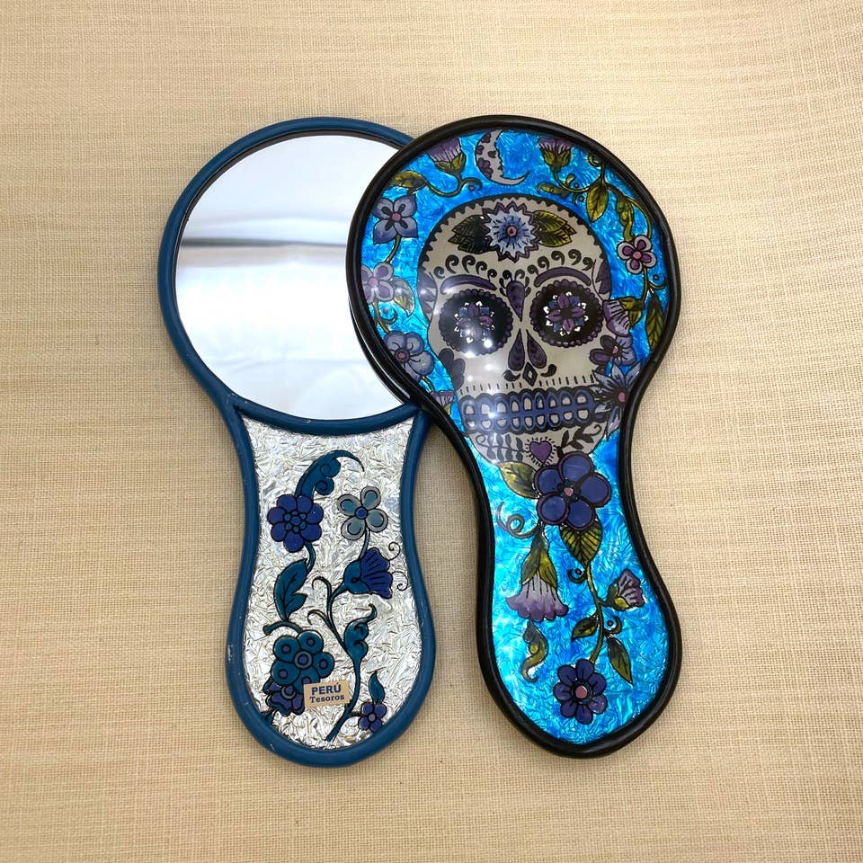 Blue  Flower Skull Hand Mirror, Peru