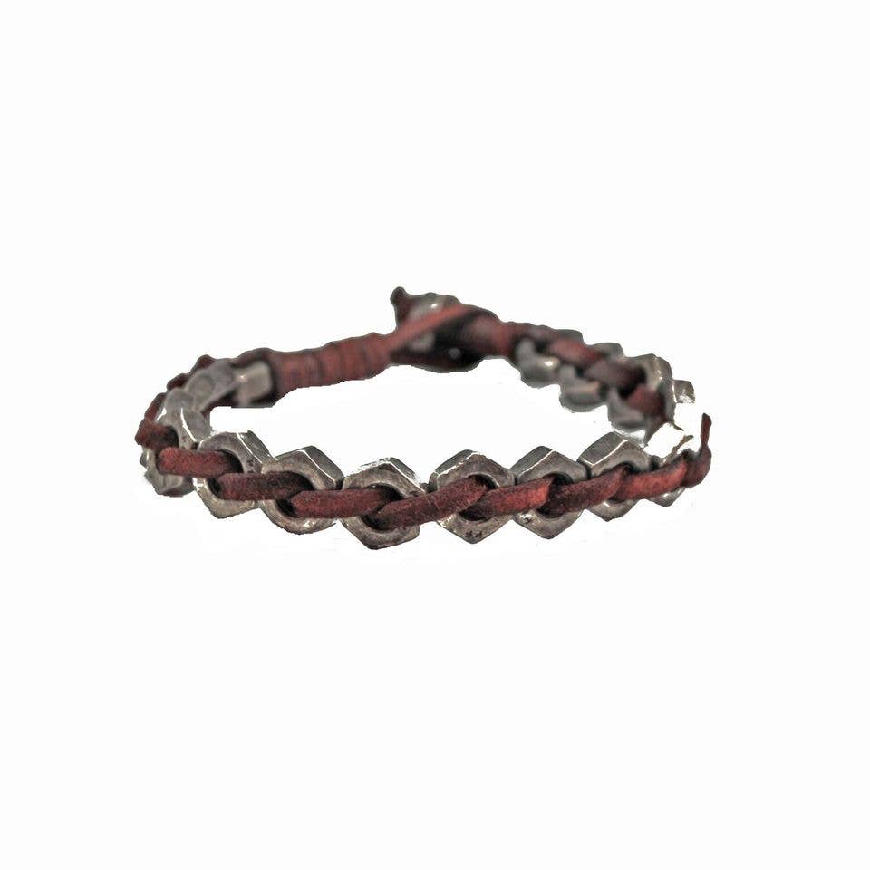 Aadi Silver Metal Nuts and Woven Leather Men's Bracelet