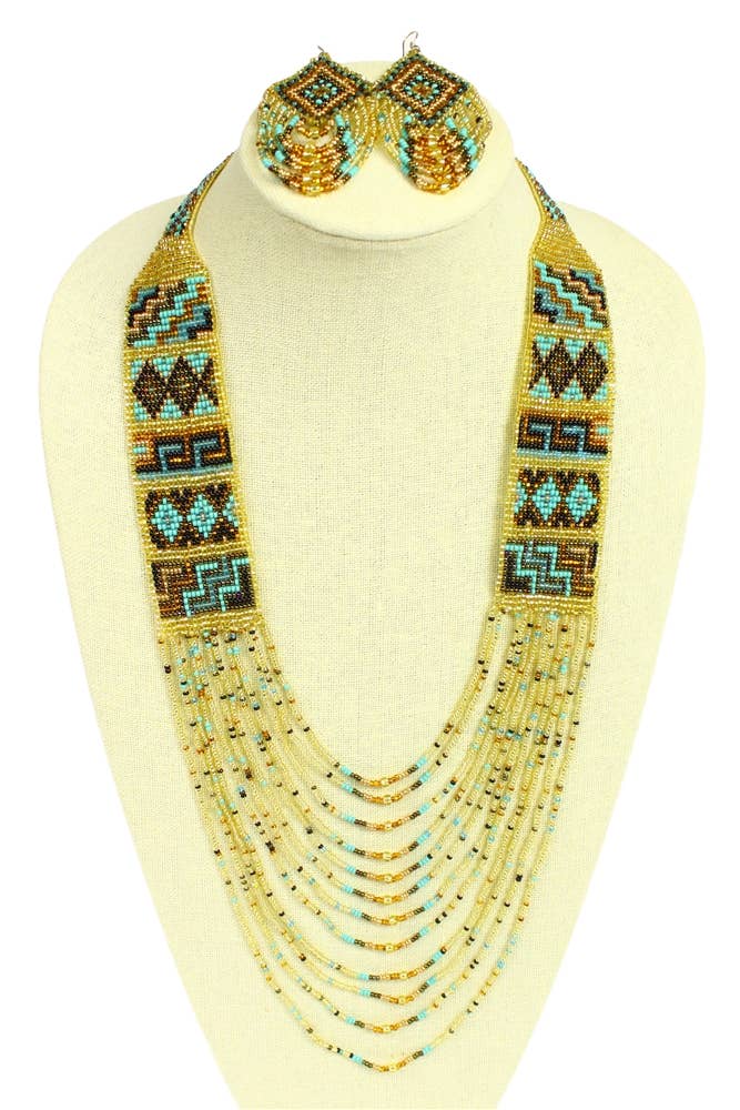 Turquoise and Gold Mesa Necklace Gorgeous Hand Beaded Unique