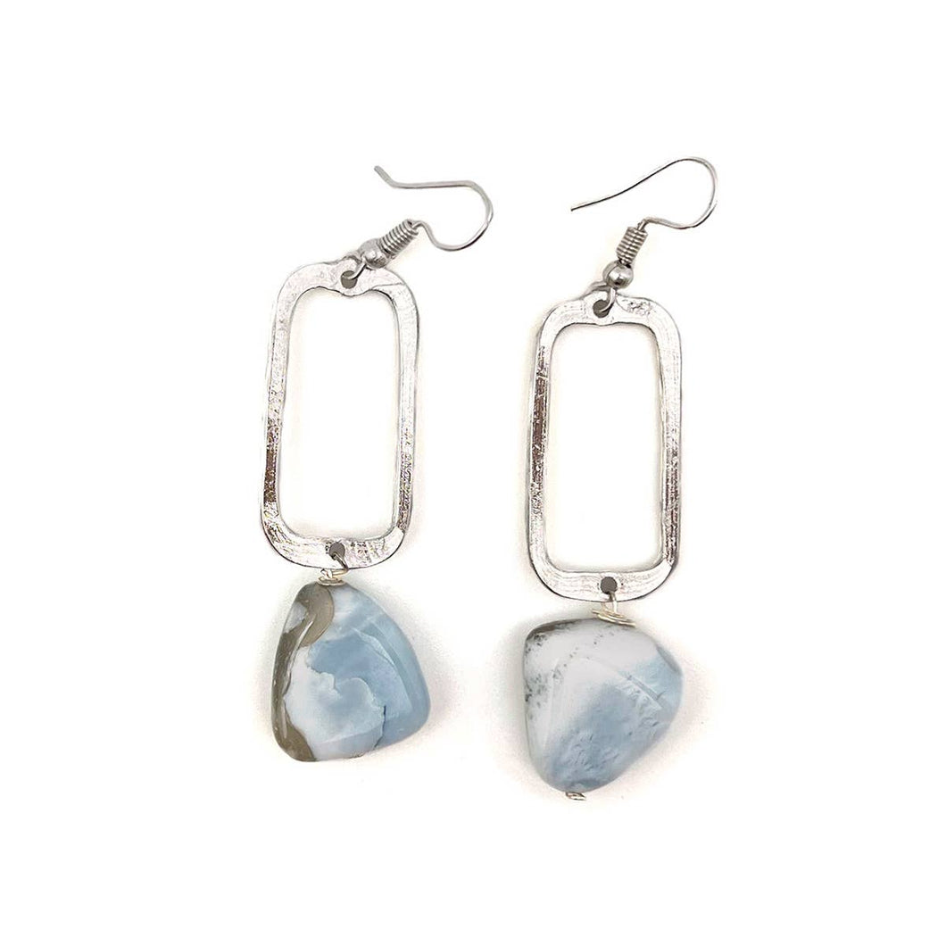 Silver Plated Geometric Earrings - Blue Opal