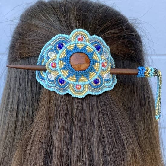 Beaded Crystal Hair Slide: Blue and gold
