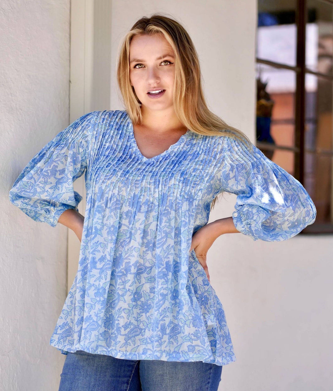 Alya Floral Top Block Printed Blue: Small / Blue