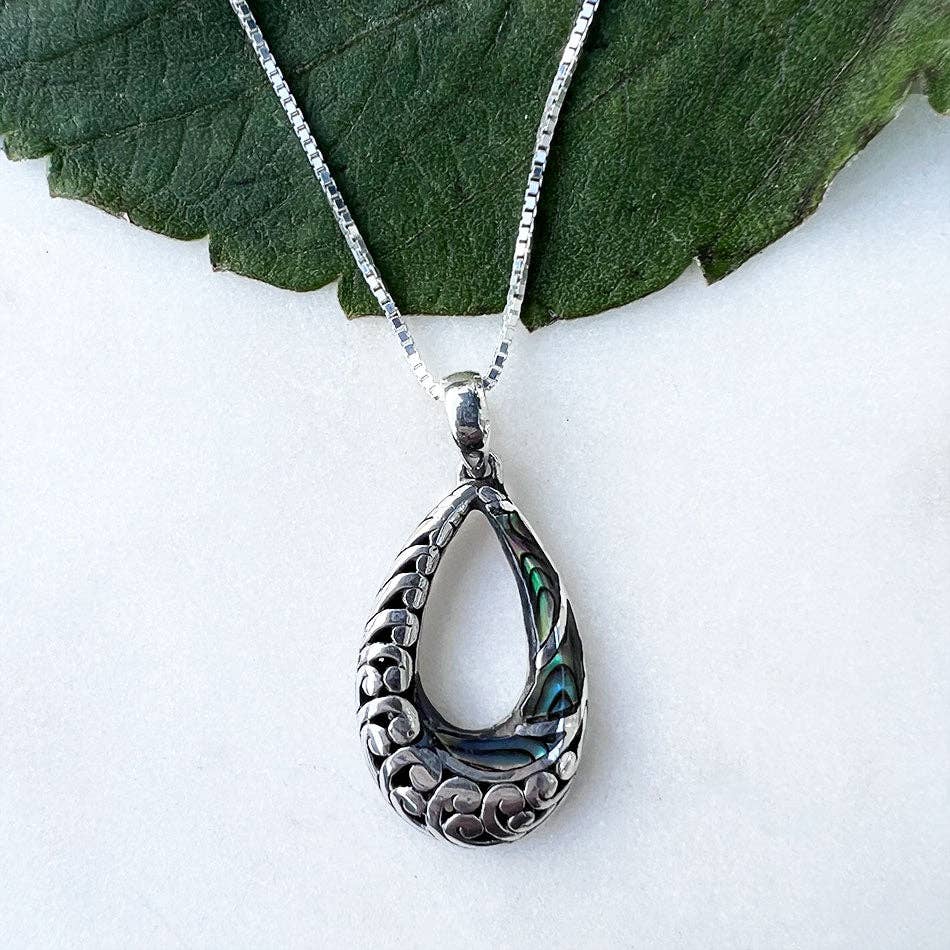 Abalone Filigree Teardrop Necklace - Sterling Silver, Indone
