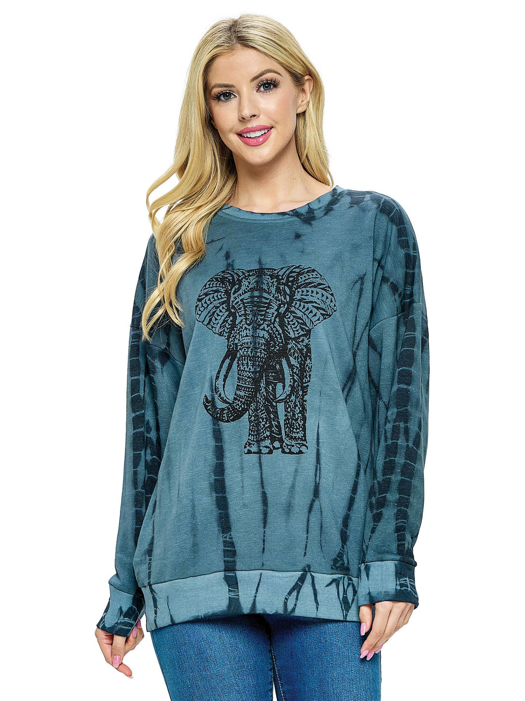 Pullover Top Boho Tie Dye Elephant Print: M/L / Gray / 60% Cotton 40% Polyester