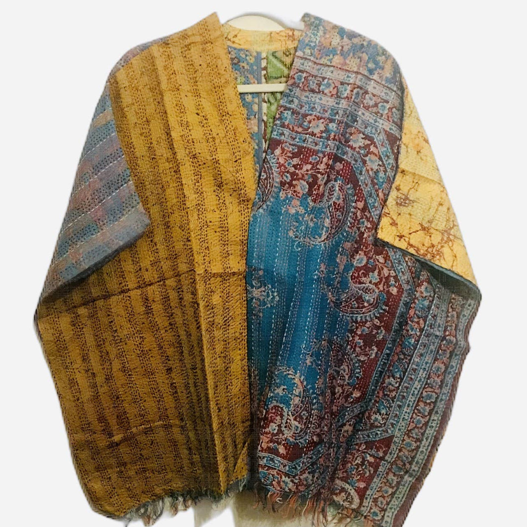 Fringe Poncho - Kantha Stitched Sari Fabric