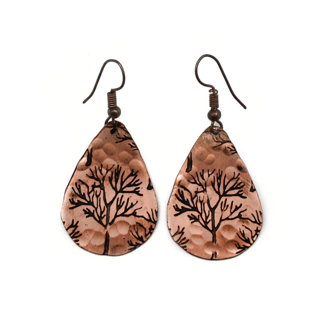 Winter Tree Copper Engraved Earrings