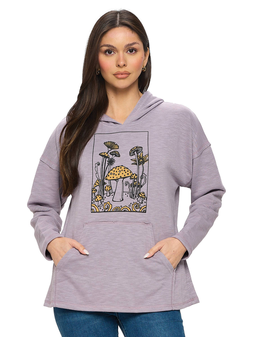 Hoodie Boho Mushrooms Print: S/M / Gray / 60% Cotton 40% Polyester