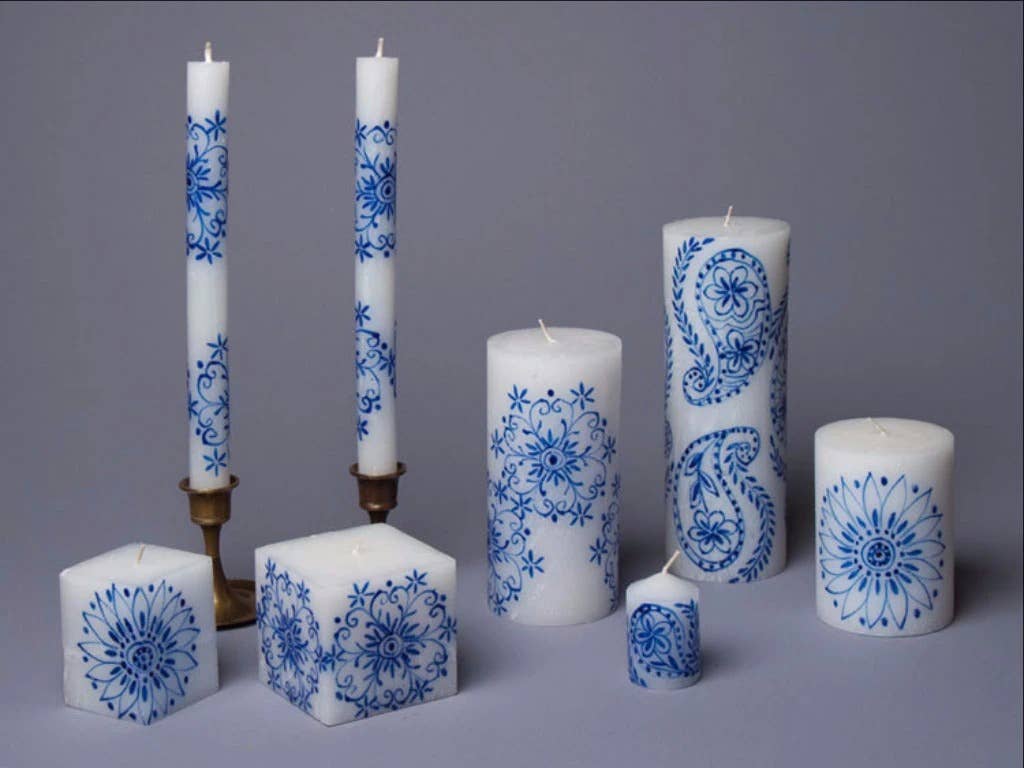 Henna Blue on White Candle